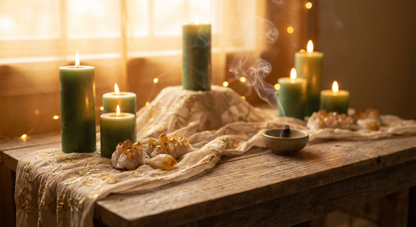Image spirituelle pour Rituel de la Bougie Verte : Prosperité et Abondance au Quotidien